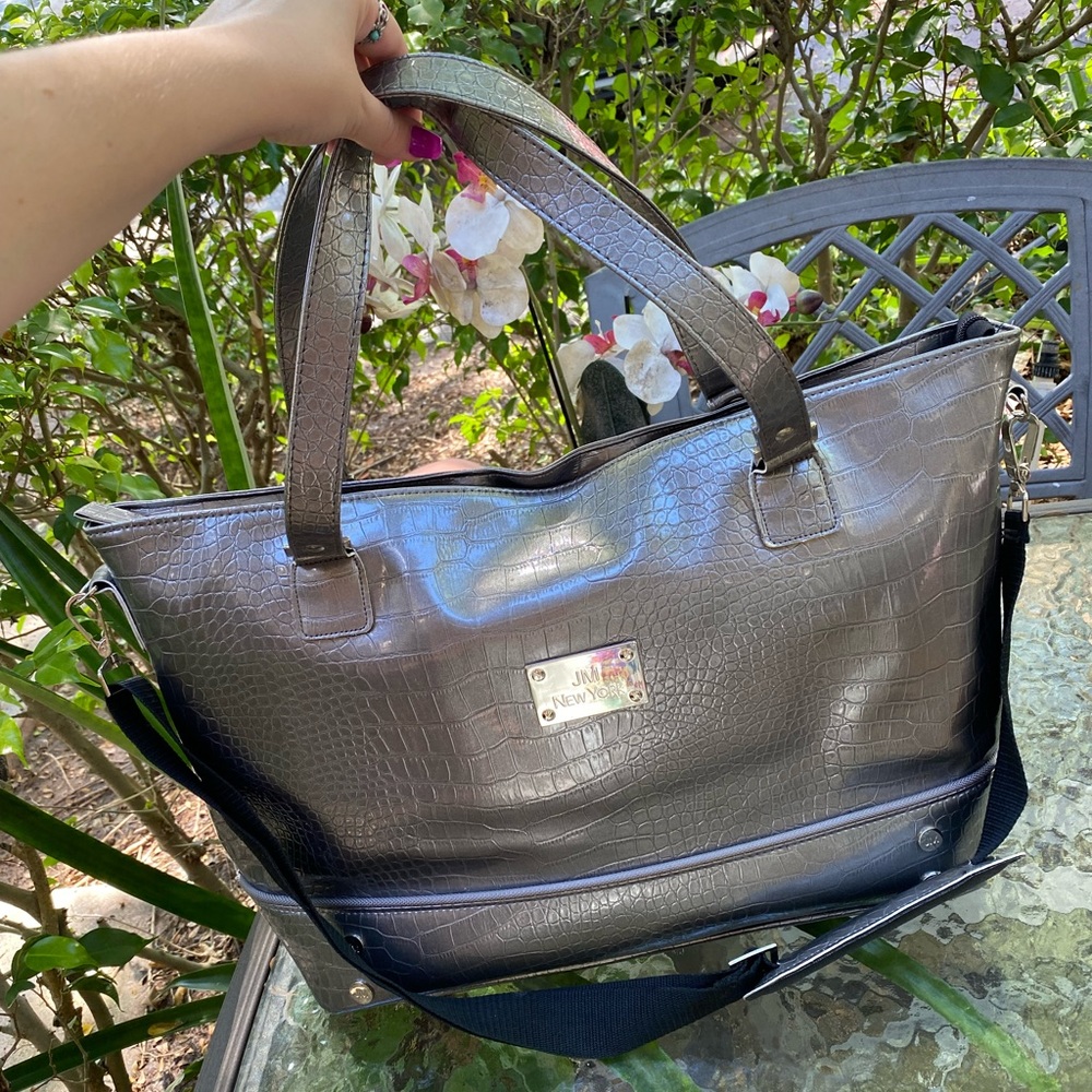 Joy Mangano Grey Leather Croc Embossed Large Weekender Tote Crossbody